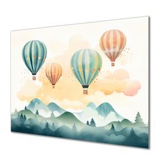 three hot air balloons flying in the sky with mountains and clouds behind them canvas wall art print