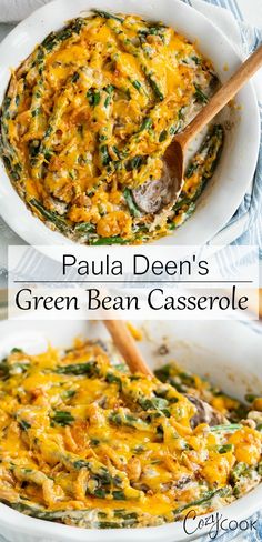 two images showing how to make green bean casserole with spinach and cheese