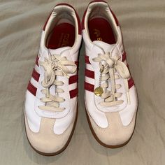 Amazing Condition!! Worn Once Just Too Big Adidas Custom White Leather Sneakers, Custom White Leather Adidas Sneakers, Adidas White Leather Custom Sneakers, White Leather Adidas Custom Sneakers, Red Leather Adidas Custom Sneakers, Sporty Low-top Sneakers With Red Accents, Sporty Red Sneakers With White Laces, Red Low-top Sneakers With White Laces, Adidas Custom Sneakers With Red Sole