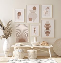 a white table topped with vases and pictures