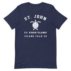 St John has got to be on everyone's Happy place list!  What an incredible island escape.  Try this comfy beach tee on your next island getaway. This t-shirt is everything you've dreamed of and more. It feels soft and lightweight, with the right amount of stretch. It's comfortable and flattering for all.  Designed by Island Palm Co * 100% combed and ring-spun cotton (Heather colors contain polyester) * Fabric weight: 4.2 oz./yd.² (142 g/m²) * Pre-shrunk fabric * Side-seamed construction * Shoulde Surfing Crew Neck T-shirt With Letter Print, Surfing Short Sleeve T-shirt With Text Print, Surfing Letter Print Crew Neck T-shirt, Short Sleeve T-shirt With Text Print For Surfing, Vacation Crew Neck Pre-shrunk T-shirt, Beach Season Short Sleeve Pre-shrunk T-shirt, Pre-shrunk Short Sleeve T-shirt For Beach Season, Beach Season Pre-shrunk Short Sleeve T-shirt, Pre-shrunk Crew Neck T-shirt For Vacation