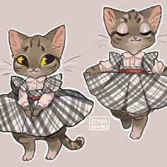 two cats dressed up in dresses with yellow eyes and one cat wearing a bow tie