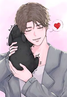 a drawing of a man holding a black cat in his hands with a red heart above him