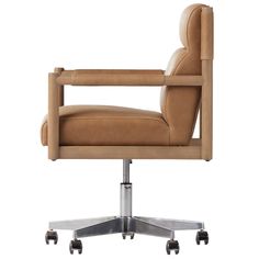 an office chair with wheels and leather upholstered on the back, viewed from the front