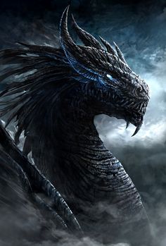 a black dragon with large wings flying through the sky in front of clouds and fog