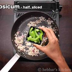 a person holding a frying pan with some food inside of it and the words steam - half sliced in front of them