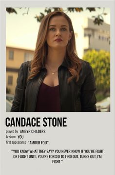 a woman in a black jacket is looking at the camera with an ad for candice stone