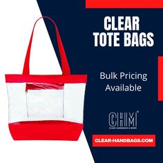 Clear Plastic Tote Bags With Handles Stadium Approved! Wholesale pricing available on bulk orders of 50+ bags. Clear Beach Bag, Corporate Giveaways, Clear Handbags, Clear Tote Bags, Pink Handbags, Clear Bag, Wholesale Bags, Clear Bags, Clear Vinyl