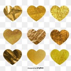 gold hearts with different shapes and sizes on white background, heart, valentine's day, golden png and psd