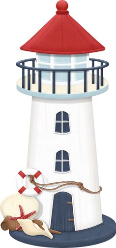 a white lighthouse with a red roof and two seashells