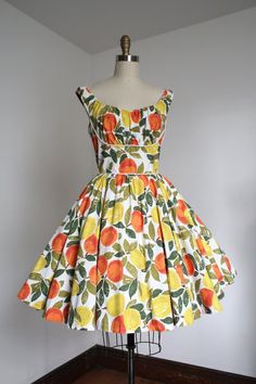 Orange Retro Dress For Garden Party, Retro Orange Dress For Garden Party, Vintage Orange Dress For Garden Party, Shelf Detail, Fruit Dress, 1950s Prom Dress, 1950’s Style, 1950 Fashion, Simply Dresses