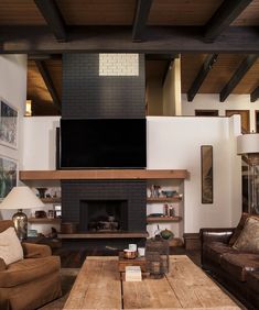 a living room filled with furniture and a flat screen tv mounted on the wall above a fireplace