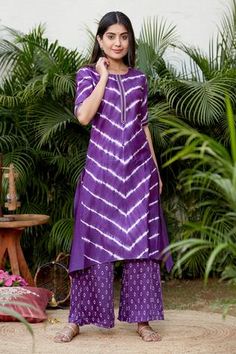 Shop for Ruchira Nangalia Purple Chanderi Leheriya Print Kurta And Palazzo Set for Women Online at Aza Fashions A Line Kurti Designs, Mehendi Function, Kurta And Palazzo, Silk Kurti Designs, A Line Kurti, Simple Kurta Designs, Kurti Patterns, Palazzo Set, Dress Design Patterns