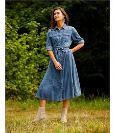 Reba Denim Point Collar Button Down Flared Shirt Tie Waist Midi Dress | Dillard's Flared Shirt, Shirt Tie, Long Balloons, Dillard's, Apparel Design, American Style, Fall Fashion, Modern Woman, Flare Dress