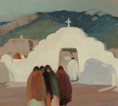 an oil painting of people standing in front of a white building with mountains in the background