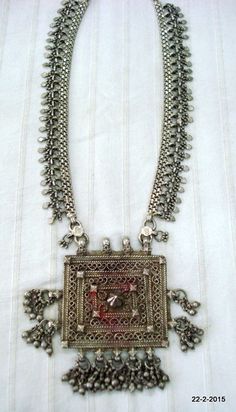 "vintage antique tribal old silver necklace from rajasthan india, great handmade design good for jewelry collection. length - 61.8 cm(24.3\") we can adjust the length. pendant size with bells - 11.2/7.5 cm(4.4/2.9\") weight - 277 grams material - silver & original old worn piece." Traditional Silver Kundan Necklace For Festivals, Ceremonial Silver Kundan Necklace With Latkans, Ceremonial Silver Temple Necklace With Latkans, Bohemian Silver Pendant Kundan Necklace, Silver Pendant Temple Necklace With Latkans, Silver Temple Necklace With Latkans Pendant, Silver Bohemian Temple Necklace With Latkans, Heavy Silver Bohemian Temple Necklace, Silver Engraved Bracelet