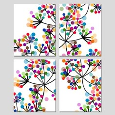 four square paintings with colorful flowers and dots on the bottom one is multicolored