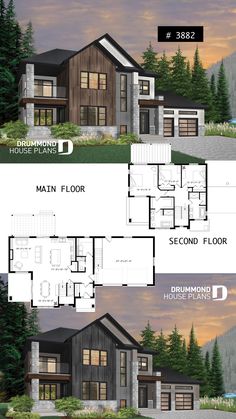 two story house plan with three floors and an open floor plan for the first level