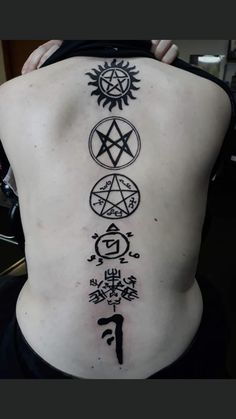 the back of a person's body with various symbols on it