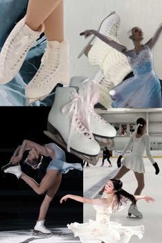 four different pictures of dancers in white and blue outfits, one is wearing ice skates