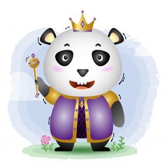 a panda bear wearing a purple and gold outfit with a crown on it's head