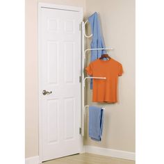 "Find the Household Essentials HINGE-IT Clutterbuster Family Towel Bar at Michaels. com. By utilizing a door's hinges, the Clutterbuster organizer's four bars instantly create 300% more hanging space than a typical towel bar or set of hooks. The HINGE-IT Clutterbuster Family Towel Bar is the ultimate solution to bathroom and bedroom clutter. This cleverly designed piece makes use of the often forgotten space behind a door without scratching or damaging the hardware. By utilizing a door's hinges, Narrow Cabinet, Hanger Storage, Small Space Organization, Small Space Storage, Small Bathroom Storage, Towel Hanger, Trendy Bathroom, Bath Storage, Smart Storage