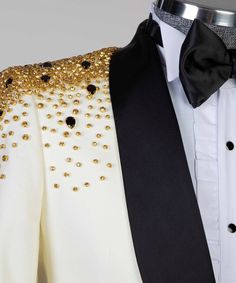 White black slimfit golden Stones tuxedo Suit jacket Trousers Bowtie wedding - Etsy Hong Kong Bowtie Wedding, Mens Wedding Suits, Gentleman Outfit, Modern Suits, Colorful Stones, Black Jeans Men, White Tuxedo, Mens Suit Jacket, Bespoke Suit