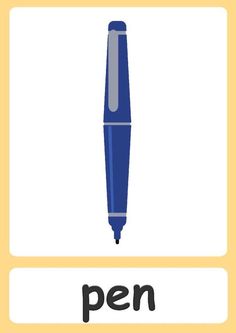 a blue pen with the word pen below it