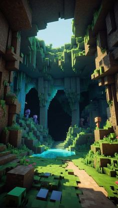 the inside of a minecraft cave with water and trees