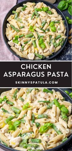 chicken asparagus pasta in a skillet with green beans and peas on the side