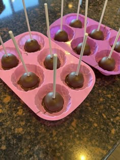 chocolate covered candies in pink trays with toothpicks