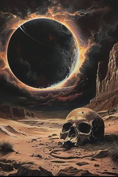 a painting of a black hole in the sky with a skull on it's side