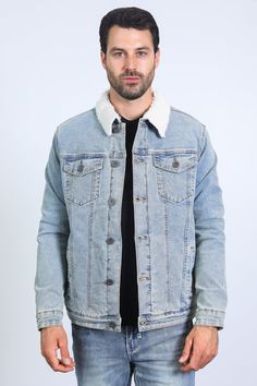 SIZE CHART Measurements: Model is wearing size Medium. A stylish and versatile denim jacket that is perfect for the colder months. The faux shearling lining keeps you warm and cozy, while the denim exterior is durable and stylish. This jacket features a long-sleeve design with a button placket and two buttoned pockets on the chest. It also has two hand pockets and cuffs with buttons. The jacket is made of denim and has a shearling-lined collar. The jacket is perfect for everyday wear and can be Denim Outerwear With Corduroy Collar For Fall, Fall Denim Outerwear With Corduroy Collar, Urban Dark Wash Denim Jacket For Winter, Urban Denim Blue Winter Denim Jacket, Urban Style Denim Blue Denim Jacket For Winter, Winter Urban Denim Blue Denim Jacket, Urban Style Denim Blue Winter Jacket, Urban Winter Denim Jacket In Medium Wash, Winter Denim Jacket With Faux Fur Lining