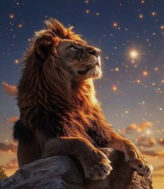 a lion sitting on top of a rock under a night sky with stars above it