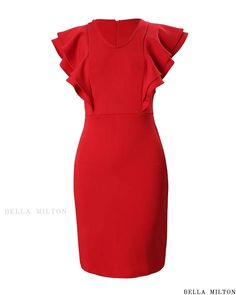 Bella Milton - V-Neck Bodycon Dress with Elegant Ruffle Hem Fitted Dress With Ruffle Sleeves, Solid Bodycon Dress With Ruffles, Bodycon V-neck Dress With Ruffles, Bodycon Dress With Ruffles, Spring Workwear Bodycon Dress With Ruffles, Neck Bodycon Dress, Style Elegant, Ruffle Hem, Cap Sleeve