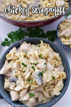 chicken stroganoni pasta in a bowl with parsley on top and another dish next to it