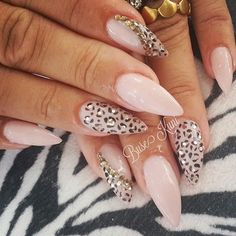 Nude Base Stiletto Nail Design with Animal Prints and Studs on Top for Accent. Uñas Animal Print, Pencil Nails, Cheetah Nail Designs, Almond Acrylic, Stiletto Nail Art, Dip Nails