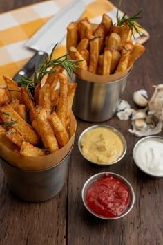 garlic and rosemary french fries with dipping sauces on the side, along with other ingredients