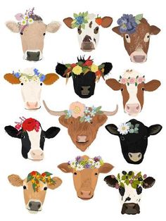 a bunch of cows with flowers on their heads