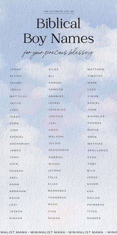 the biblical boy names poster with blue sky and clouds in the background, as well as white