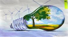 an oil painting of a light bulb with wind turbines in the background and a tree inside it