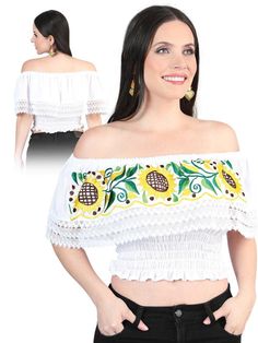 Mexican Artisanal Embroidered Blouse 100% Cotton White Classic Mexican Design Blouse Made in  Mexico by our Artesanos Does not include Accessories Embroidered Sunflowers, Handmade Crop Top, Kids Blazers, Father Son Shirts, Rodeo Boots, Short Blouse, Short Blouses, Mexican Designs, Blouse Style