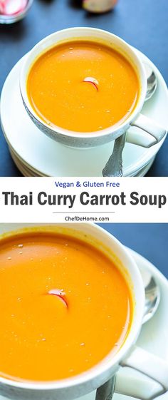 two bowls of thai curry carrot soup on a blue table with spoons and plates