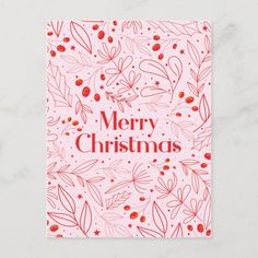 merry christmas card with red leaves and berries