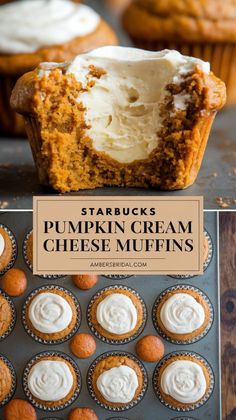 pumpkin cream cheese muffins with white frosting in a muffin cupcake tin