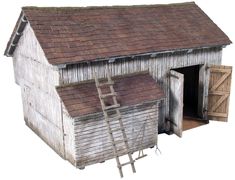 an old wooden barn with a ladder to open the door