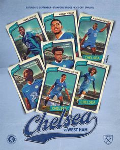 six soccer cards with the name chelsea in blue and white, all featuring players from different teams