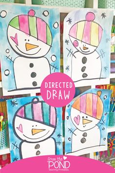 three snowmen painted on canvass with the words directed draw in front of them