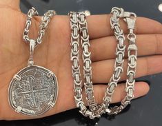 Solid Atocha shipwreck coin pendant with heavy 925 sterling silver flat Byzantine chain 24" long Silver Byzantine Coin Necklace, Byzantine Silver Coin Necklace, Silver Coin-shaped 925 Stamped Jewelry, Silver Byzantine Jewelry With Coin Pendant, Silver Coin Jewelry Stamped 925, Byzantine Silver Coin Jewelry, Byzantine Silver Jewelry With Coin Pendant, Tarnish Resistant Silver Coin Necklace, Tarnish-resistant Silver Coin Pendant Necklace