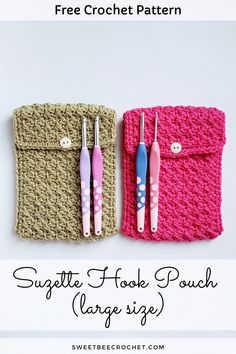 two crochet toothbrush holders with text overlay that says, free crochet pattern supple hook pouch